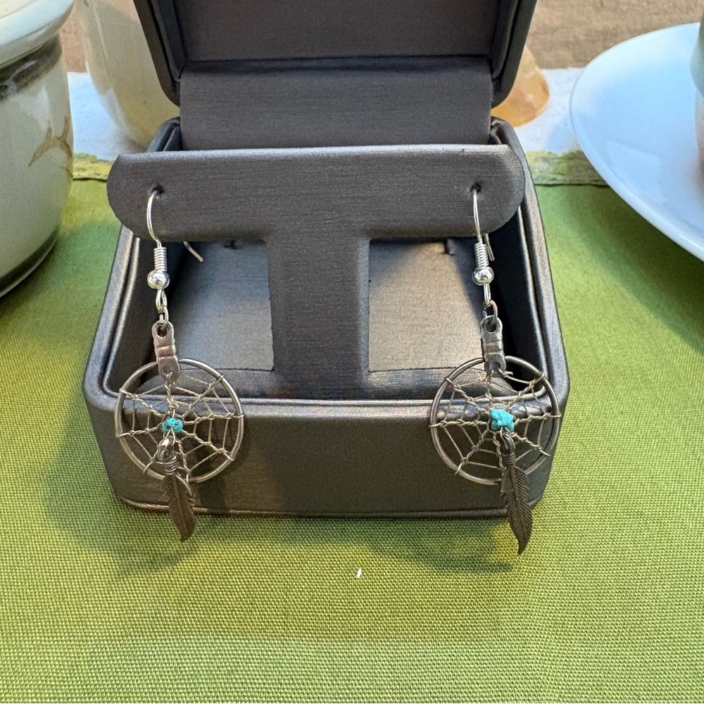 Dreamcatcher Dangle Earrings with Turquoise Stone Accent